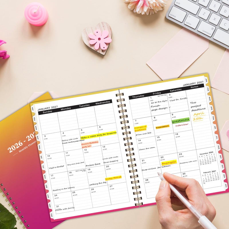 Ymumuda 2026 Monthly Planner - 2 Year Monthly Planner, JAN.2026 to DEC.2027, 8.5"" x 11"", Large Calendar with Spiral Bound, 24 Coated Tabs,24 Months Perfect for School & Office Schedule, Orange & Pink - Image 2